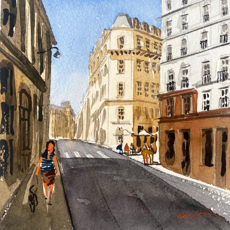 Painting Rue de Montmartre by De León Lévi Marcelo | Painting Figurative Urban Watercolor