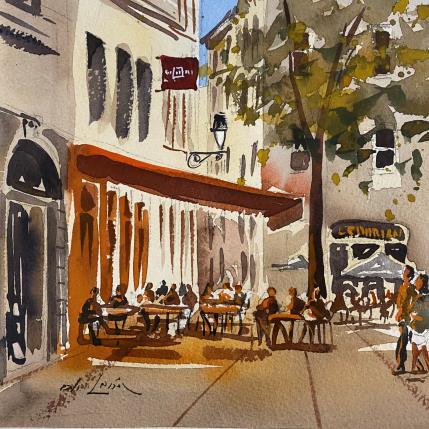 Peinture Café de Lyon par De León Lévi Marcelo | Tableau Art Singulier Aquarelle Paysages, Urbain