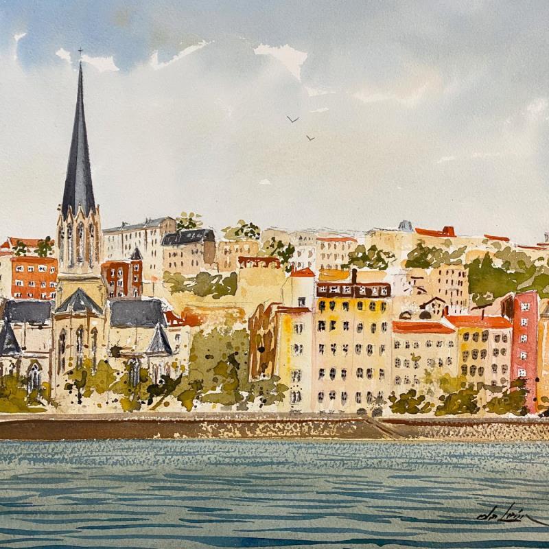 Painting River Lyon View by De León Lévi Marcelo | Painting Figurative Watercolor Landscapes, Urban