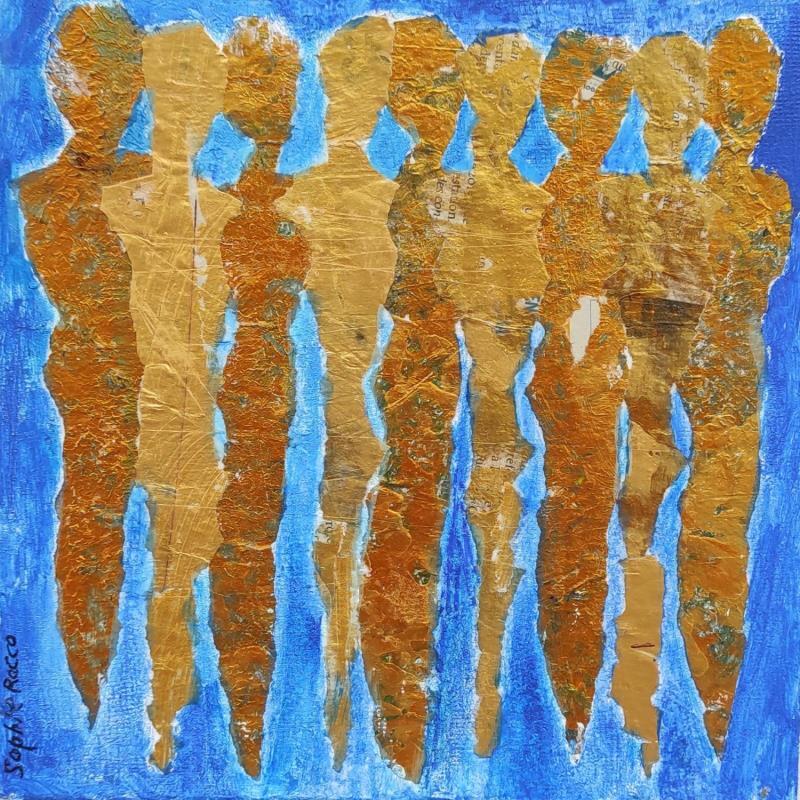 Gemälde Or bleu von Rocco Sophie | Gemälde Art brut Pop-Ikonen Pappe Öl Acryl Collage Sand