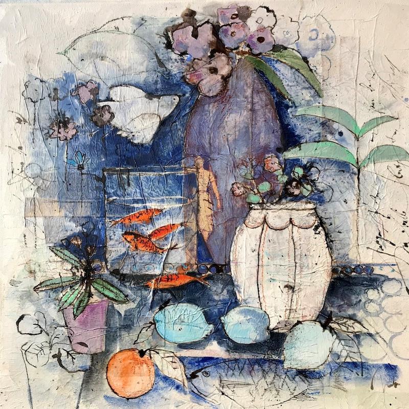 Painting colombes et poissons by Colombo Cécile | Painting Figurative Acrylic, Pastel still-life