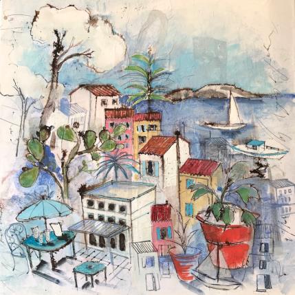 Painting le parasol bleu by Colombo Cécile | Painting Figurative Mixed Landscapes, Life style, Marine