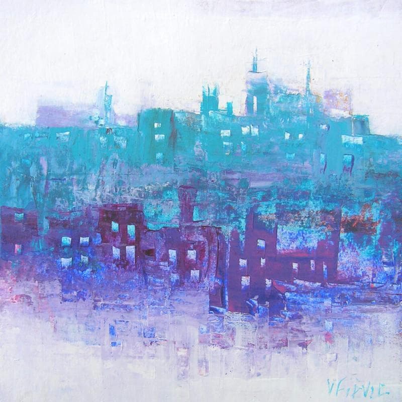 Peinture Panorama urbain en bleu et mauve par Fièvre Véronique | Tableau
