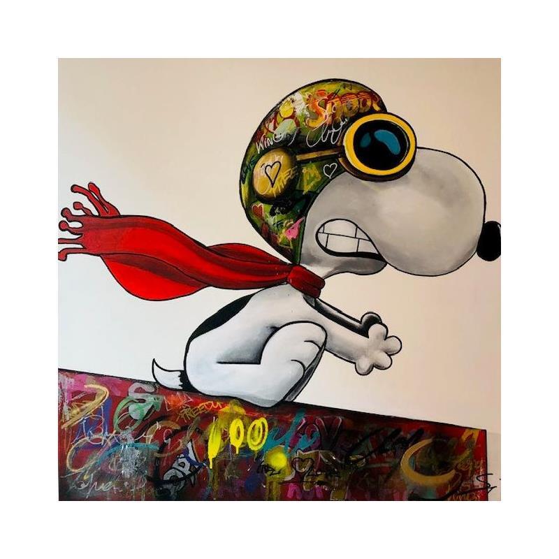 Peinture SNOOPY IS FLYING par Mestres Sergi | Tableau Pop-art Icones Pop Graffiti