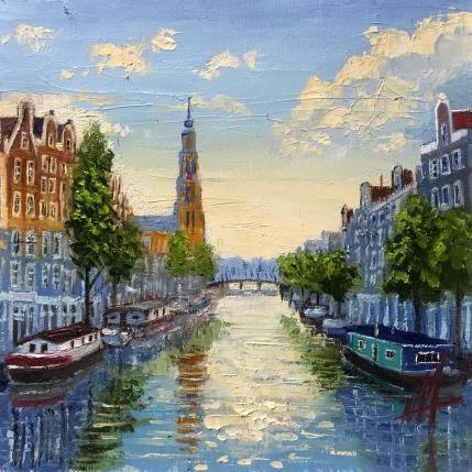 Painting Amsterdam, prinsengracht westerkerk. by De Jong Marcel | Painting Figurative Oil Landscapes, Urban