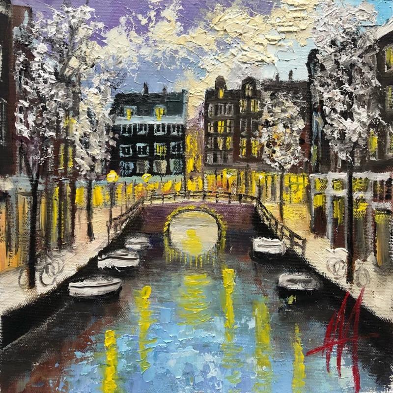 Painting Amsterdam, snow on the spiegelgracht by De Jong Marcel | Painting Figurative Oil Landscapes, Urban