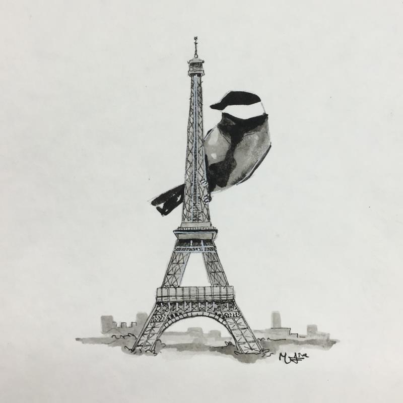 Painting Mésange Tour Eiffel by Mü | Painting Figurative Animals Mixed