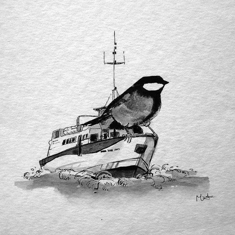 Painting Mésange navette Frioul by Mü | Painting Figurative Animals, Black & White, Marine
