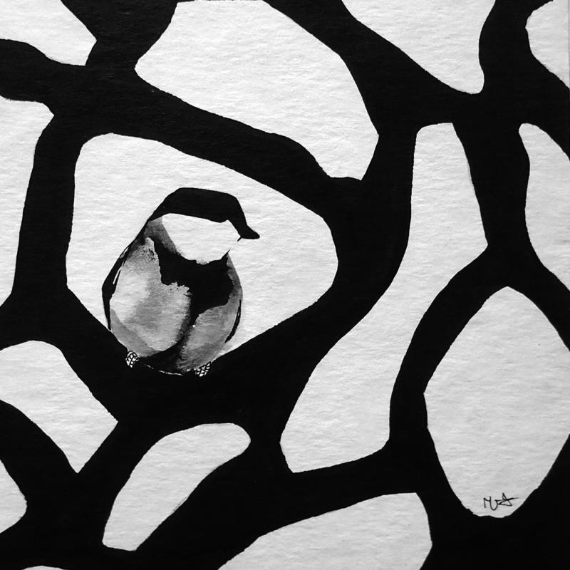 Painting Mésange au musée by Mü | Painting Naive art Mixed Urban Animals Black & White