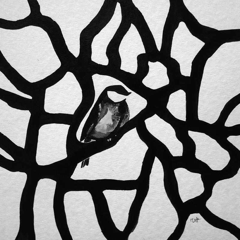Peinture Mésange au musée par Mü | Tableau Art naïf animaux, noir & blanc, Urbain
