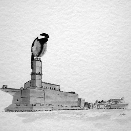 Peinture Mésange au Vieux port par Mü | Tableau Art naïf animaux, noir & blanc, Urbain