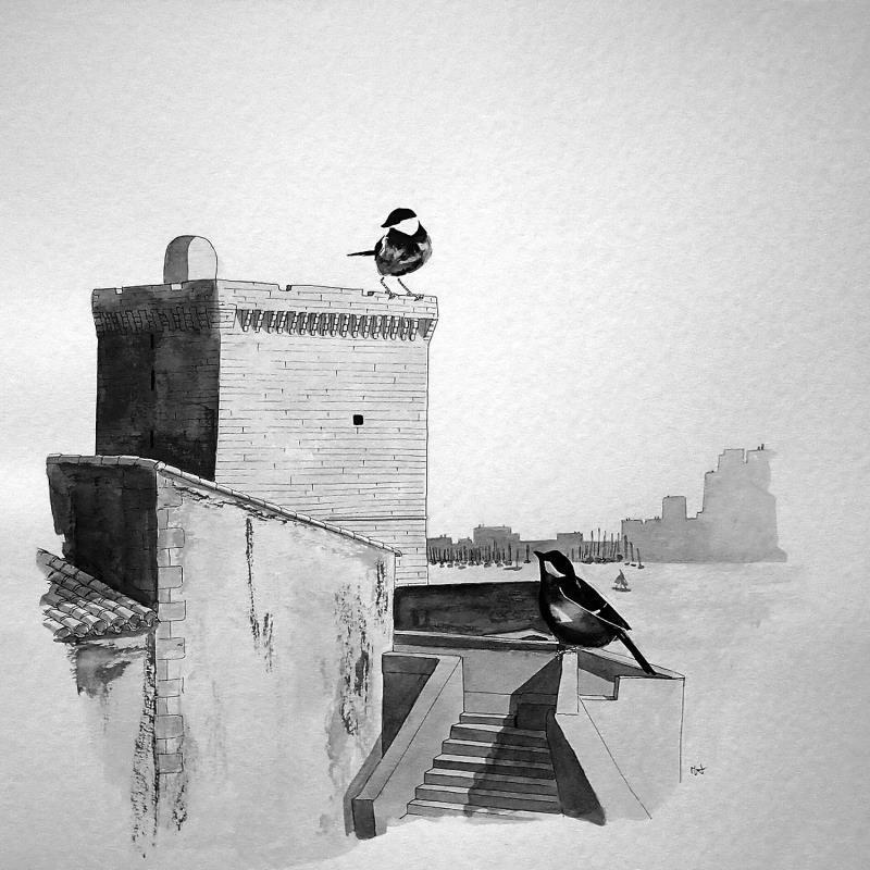 Peinture Fort Saint Jean par Mü | Tableau Art naïf animaux, noir & blanc, Urbain