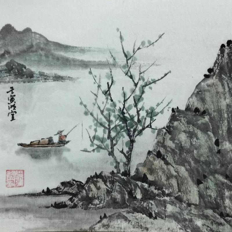 Painting Lakeside by Du Mingxuan | Painting Figurative Landscapes Watercolor