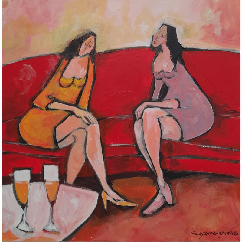 Gemälde Champagne et confidences von Signamarcheix Bernard | Gemälde Figurativ Alltagsszenen Acryl Tinte