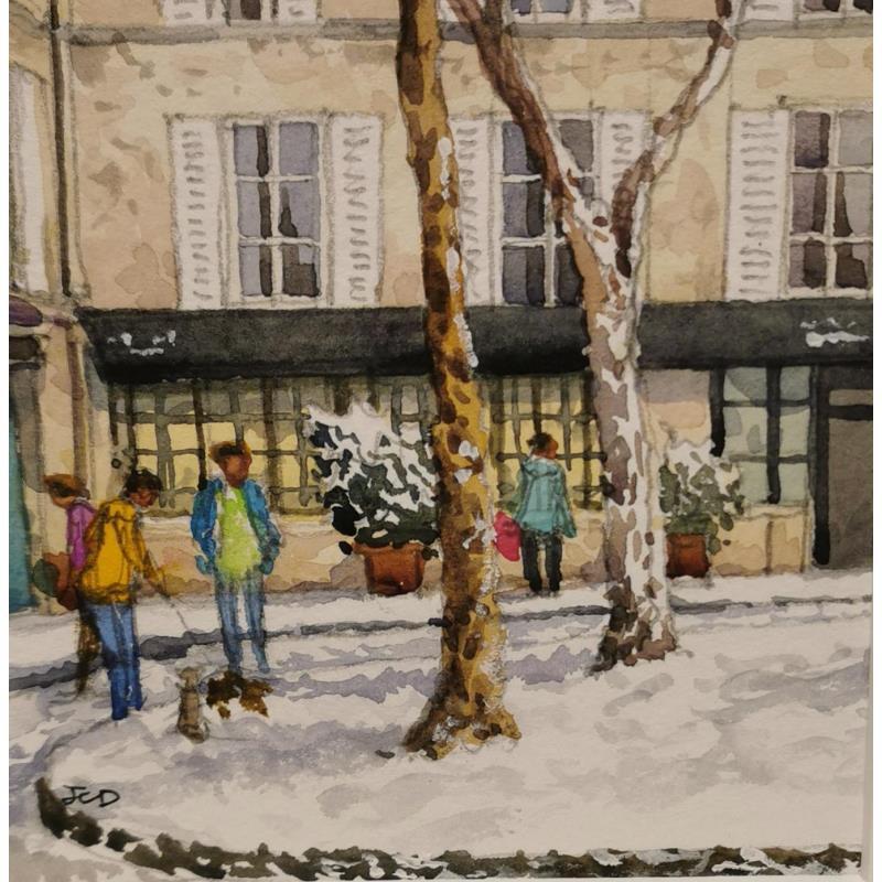 Painting La place Furstenberg sous la neige by Decoudun Jean charles | Painting Figurative Watercolor Landscapes Urban Life style