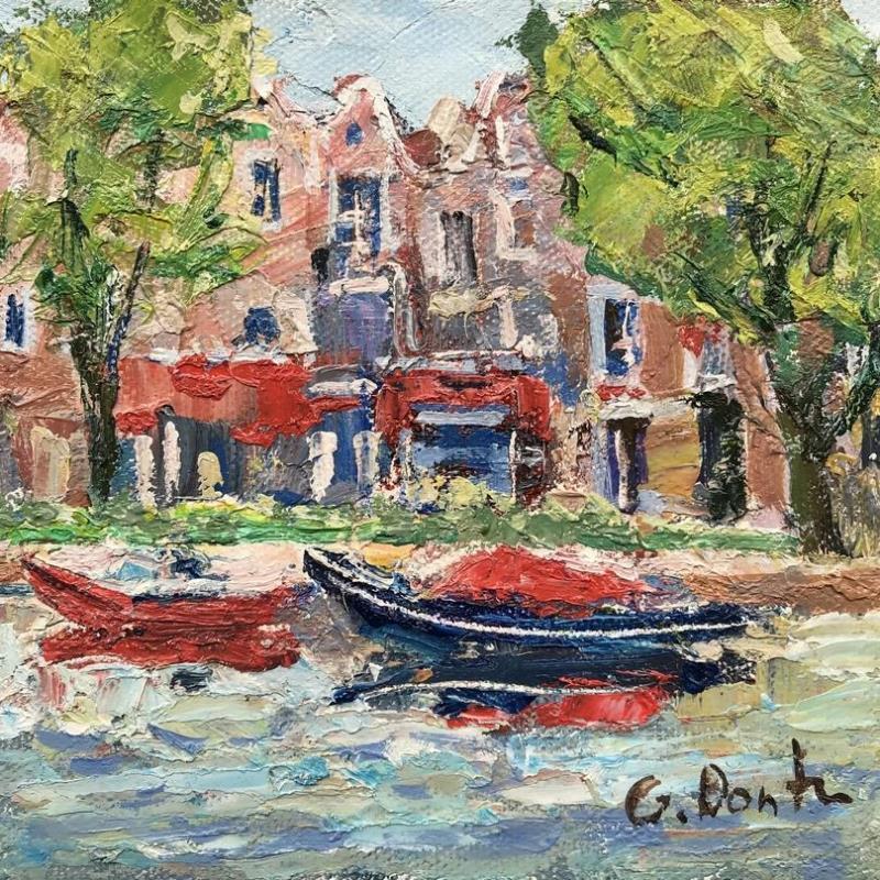 Peinture La barque rouge sur le canal  par Dontu Grigore | Tableau Figuratif Urbain Huile