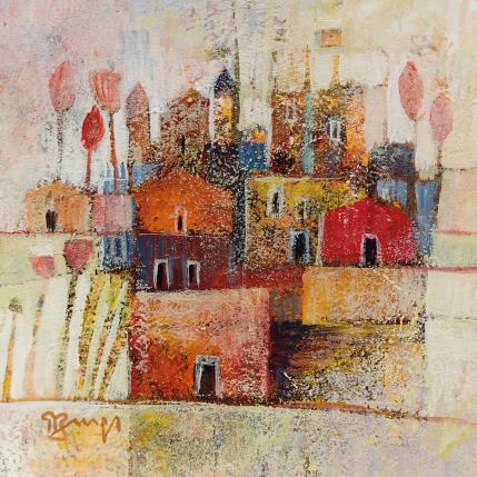 Painting Village aux arbres rouges by Burgi Roger | Painting Figurative Mixed Landscapes, Urban