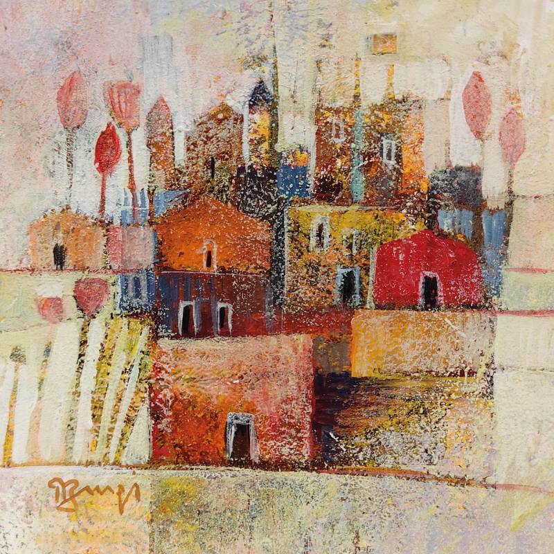 Painting Village aux arbres rouges by Burgi Roger | Painting Figurative Landscapes Urban Mixed
