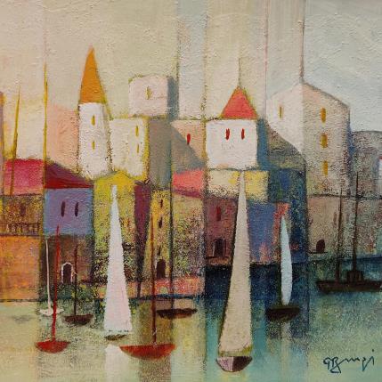 Painting Ville portuaire III by Burgi Roger | Painting Figurative Mixed Landscapes, Marine, Urban