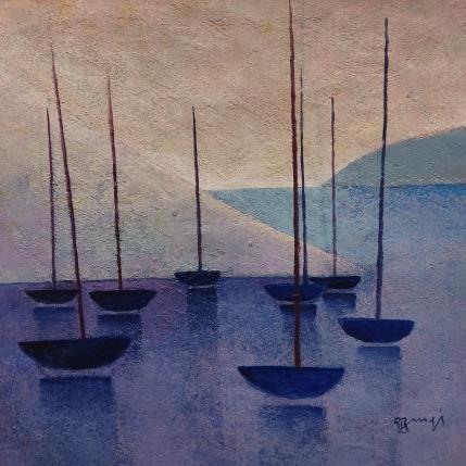 Painting Les bateaux bleus by Burgi Roger | Painting Figurative Mixed Landscapes, Marine