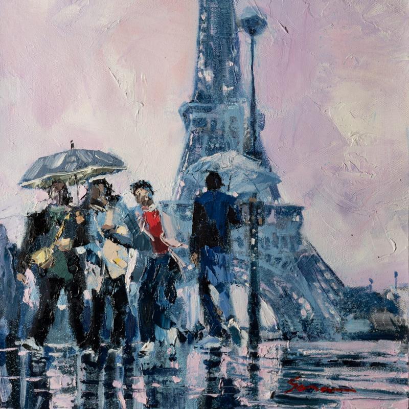 Painting It rains on the Eiffel Tower by Fran Sosa | Painting Figurative Landscapes Urban Life style Oil