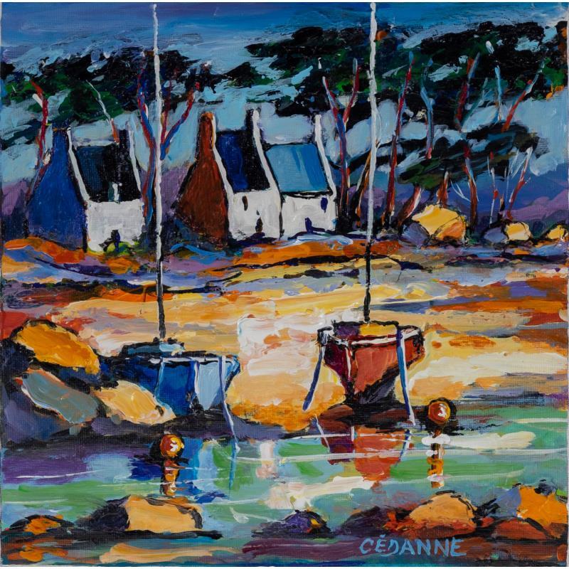 Gemälde Maisons bretonnes et barques rouge et bleue von Cédanne | Gemälde Figurativ Marine Öl