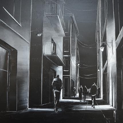 Painting Nuit lumineuse by Galloro Maurizio | Painting Figurative Oil Black & White, Urban