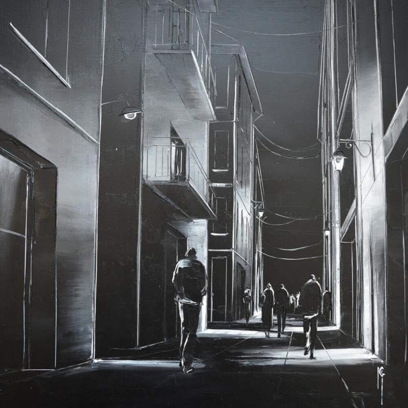 Peinture Nuit lumineuse par Galloro Maurizio | Tableau Figuratif Huile Noir & blanc, Urbain