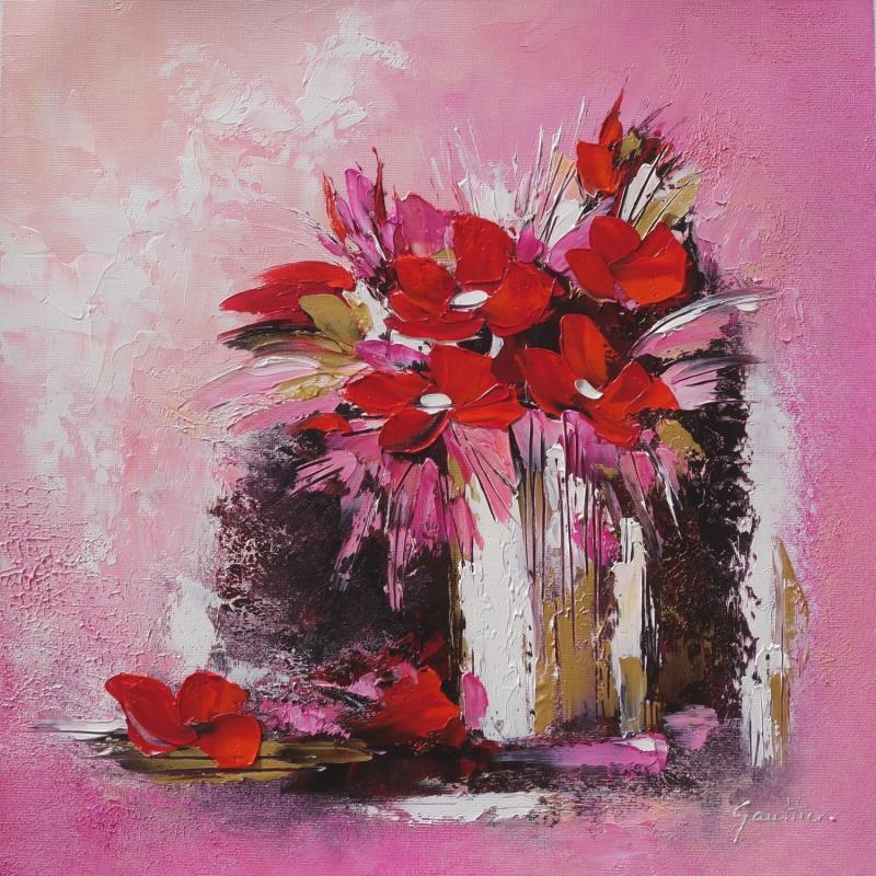 Painting Vase aux fleurs rouges by Gaultier Dominique | Painting Figurative Still-life Oil