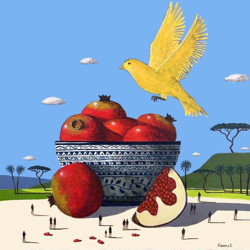 Painting Canari aux grenades by Lionnet Pascal | Painting Surrealism Animals Still-life Acrylic