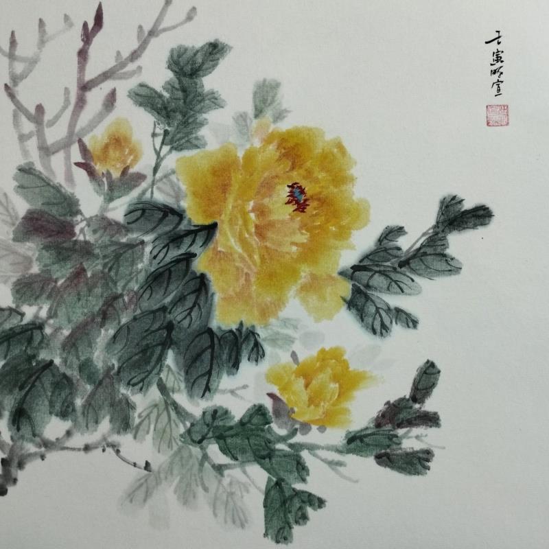 Painting Yellow peonies by Du Mingxuan | Painting Figurative Watercolor Landscapes