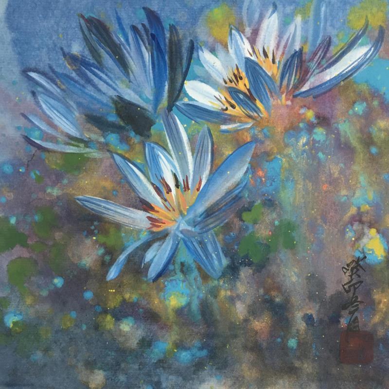 Painting Blooming color 3 blue flowers by Yu Huan Huan | Painting Figurative Still-life Ink