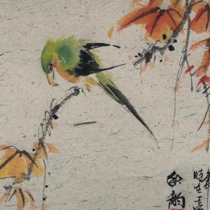 Painting Autumn green bird by Yu Huan Huan | Painting Figurative Ink Animals