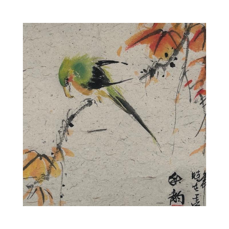 Gemälde Autumn green bird von Yu Huan Huan | Gemälde Figurativ Tinte Tiere