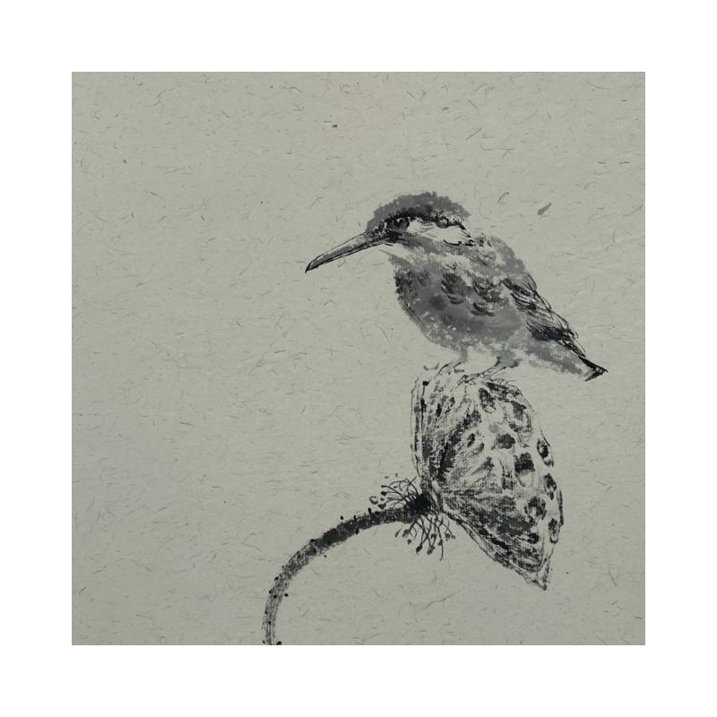 Peinture Kingfisher grey par Yu Huan Huan | Tableau Figuratif Encre animaux, noir & blanc
