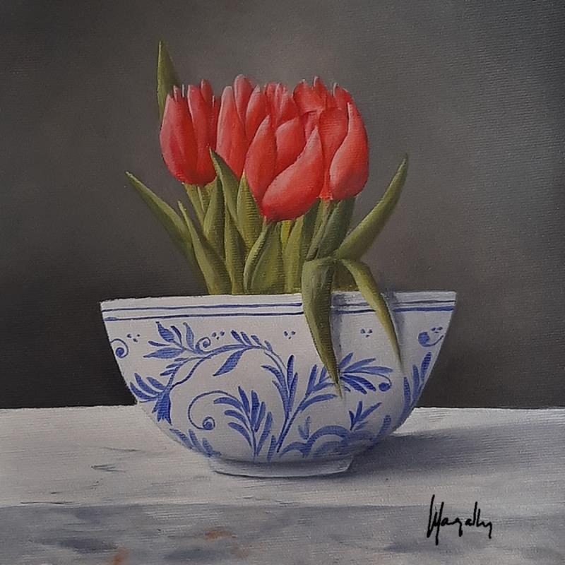 Painting Tullips and DelftBowl  by Gouveia Magaly  | Painting Figurative Oil still-life