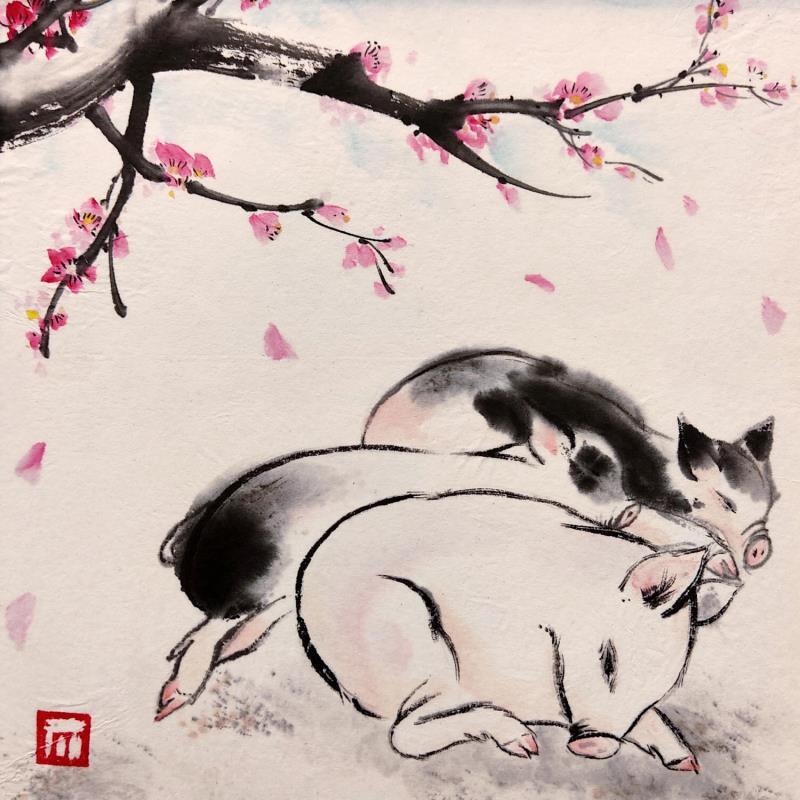 Peinture Cochons sous cerisier par De Giorgi Mauro | Tableau Figuratif Animaux Encre