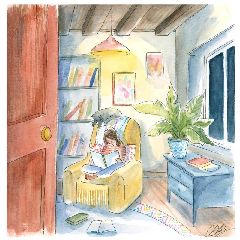 Painting La petite lectrice 2 by Balme Delphine | Painting Naive art Life style Watercolor