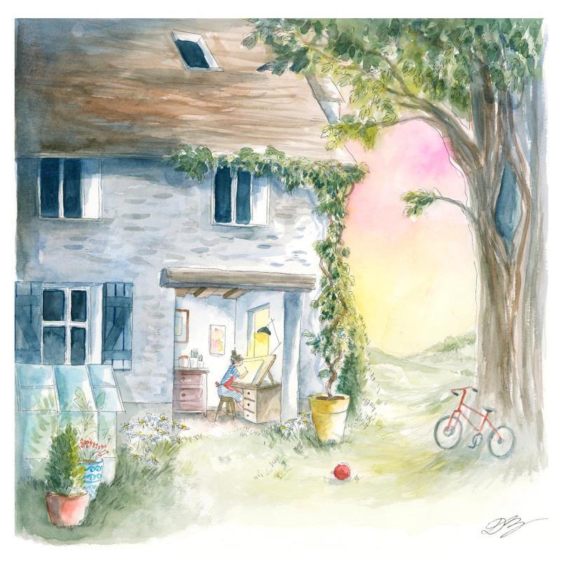 Painting Atelier campagne by Balme Delphine | Painting Naive art Landscapes Life style Watercolor