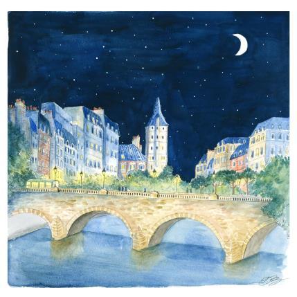 Painting Pont de nuit by Balme Delphine | Painting Naive art Watercolor Landscapes, Life style, Urban