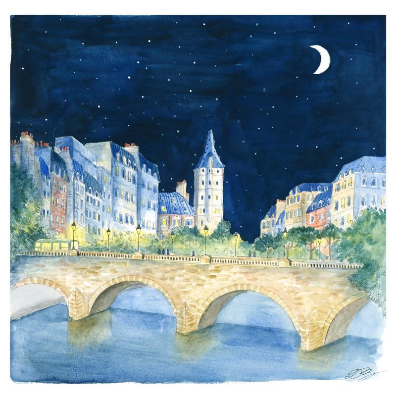 Painting Pont de nuit by Balme Delphine | Painting Naive art Landscapes Urban Life style Watercolor