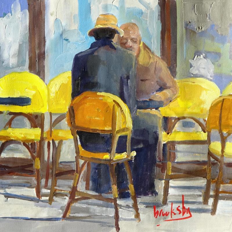Peinture Rendez-vous au Café par Brooksby | Tableau Figuratif Huile scènes de vie, Urbain
