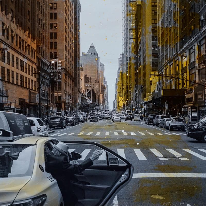 Peinture Last cab par  | Tableau Figuratif Mixte Vues urbaines