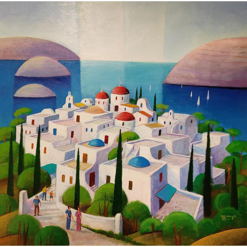Peinture Village grec AO 140 par Burgi Roger | Tableau Figuratif Paysages Urbain Marine