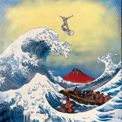 Peinture La vague et le surfer par Le Yack | Tableau Pop art Mixte icones Pop
