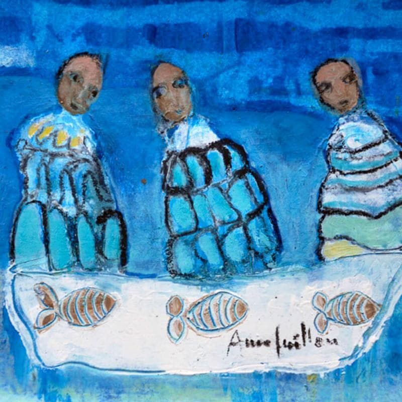 Painting Pêche en bleu by Guillon Anne | Painting Figurative Mixed Life style