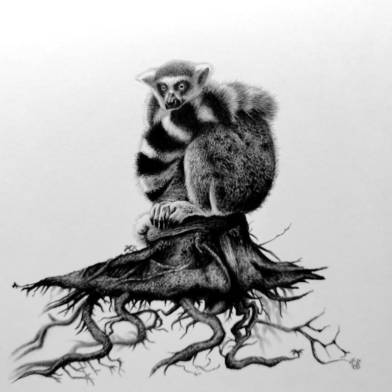 Painting Lémurien sur un arbre by Benchebra Karim | Painting Figurative Charcoal Animals, Black & White, Life style