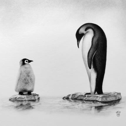 Peinture Manchots par Benchebra Karim | Tableau Figuratif Fusain animaux, noir & blanc, scènes de vie