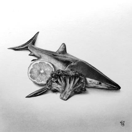 Gemälde Requin von Benchebra Karim | Gemälde Figurativ Zeichenkohle Alltagsszenen, Schwarz & Weiß, Tiere