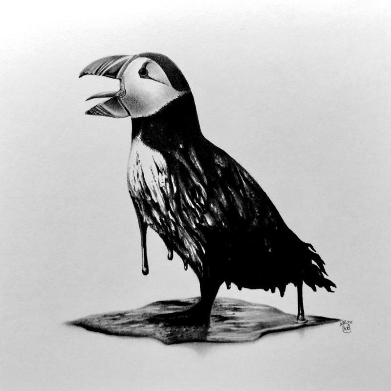 Painting Macareux by Benchebra Karim | Painting Figurative Life style Animals Black & White Charcoal